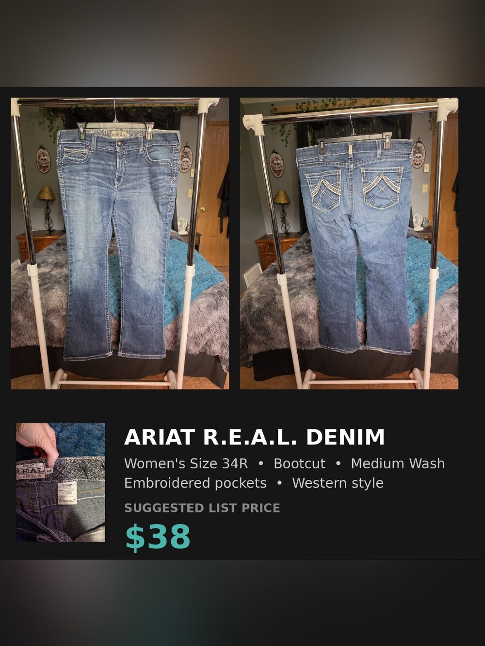Ariat R.E.A.L. Denim Women's 34R Bootcut Jeans Medium Wash Embroidered Pockets